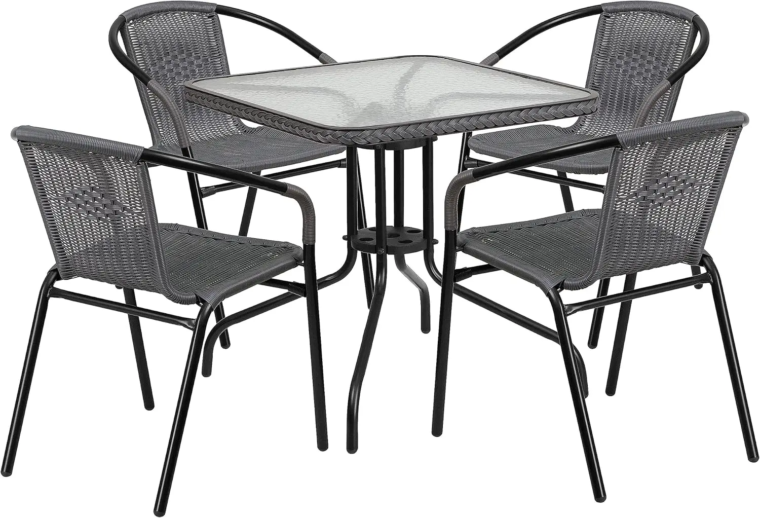 Lila 28'' Square Glass Metal Table with Dark Brown Rattan Edging and 4 Dark Brown Rattan Stack Chairs