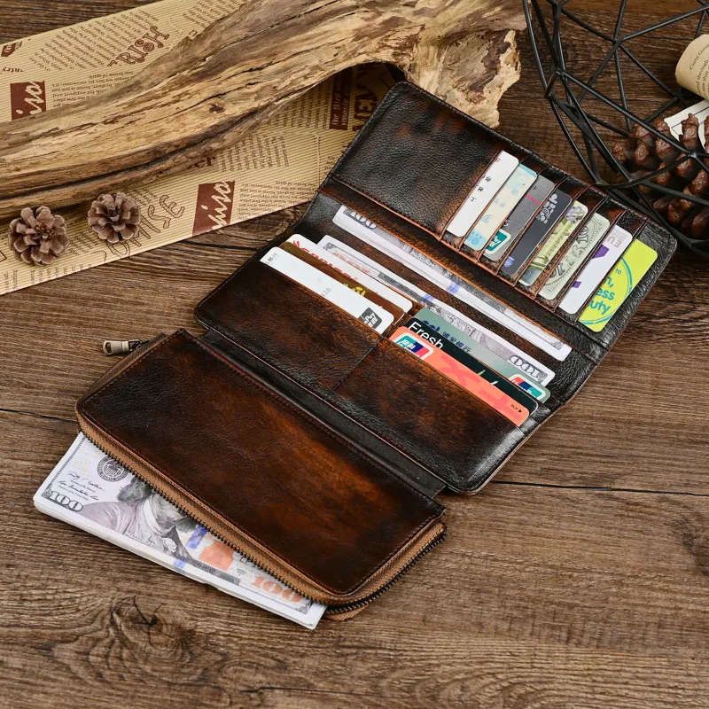 Vintage Distressed Leather Men's Wallet with Multiple Card Slots and Zipper Coin Pocket