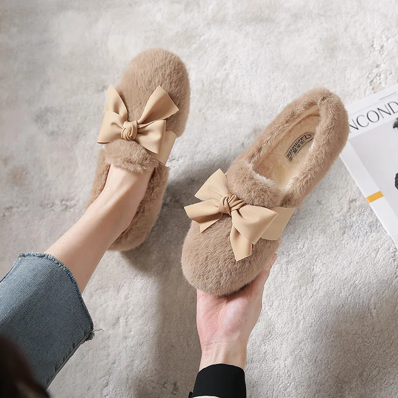 Women's Plush Shoes Wear Snow Boots Outdoors in Winter Fashionable Bowknot Design Fur thermal flat loafers shoes Large 41-43