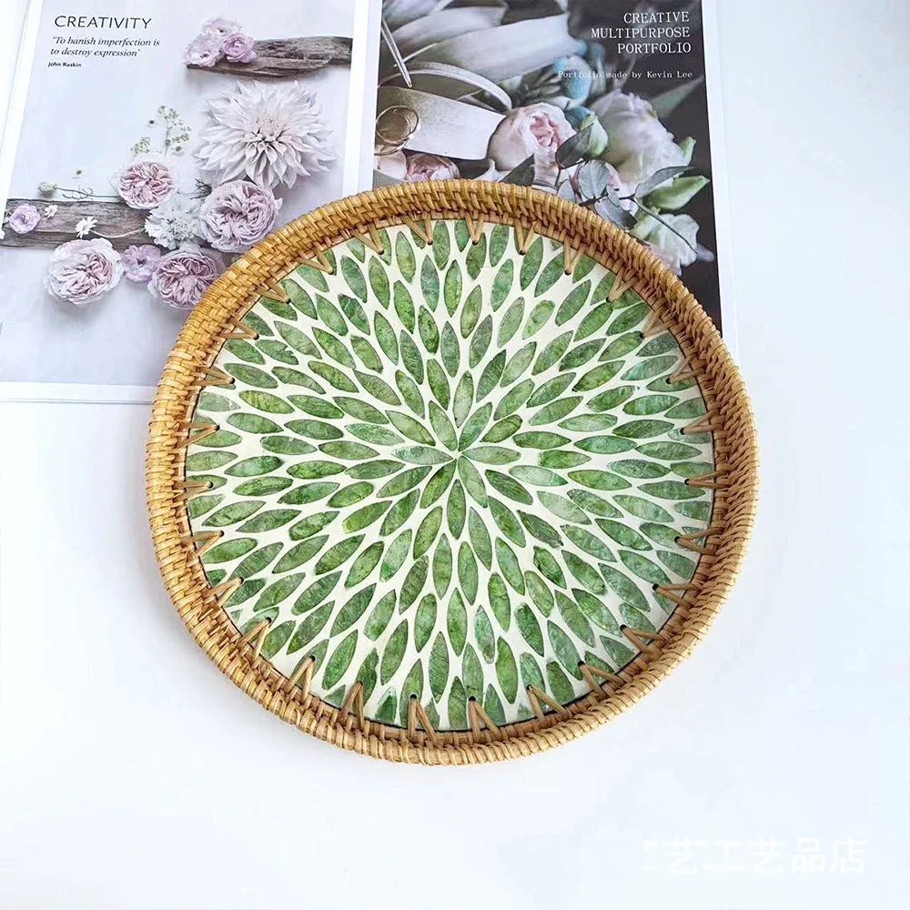 1pc Round Rattan Tray Hand Woven Basket Home Decor Organizer Rattan Tray Wicker Basket for Home Kitchen Table Decor