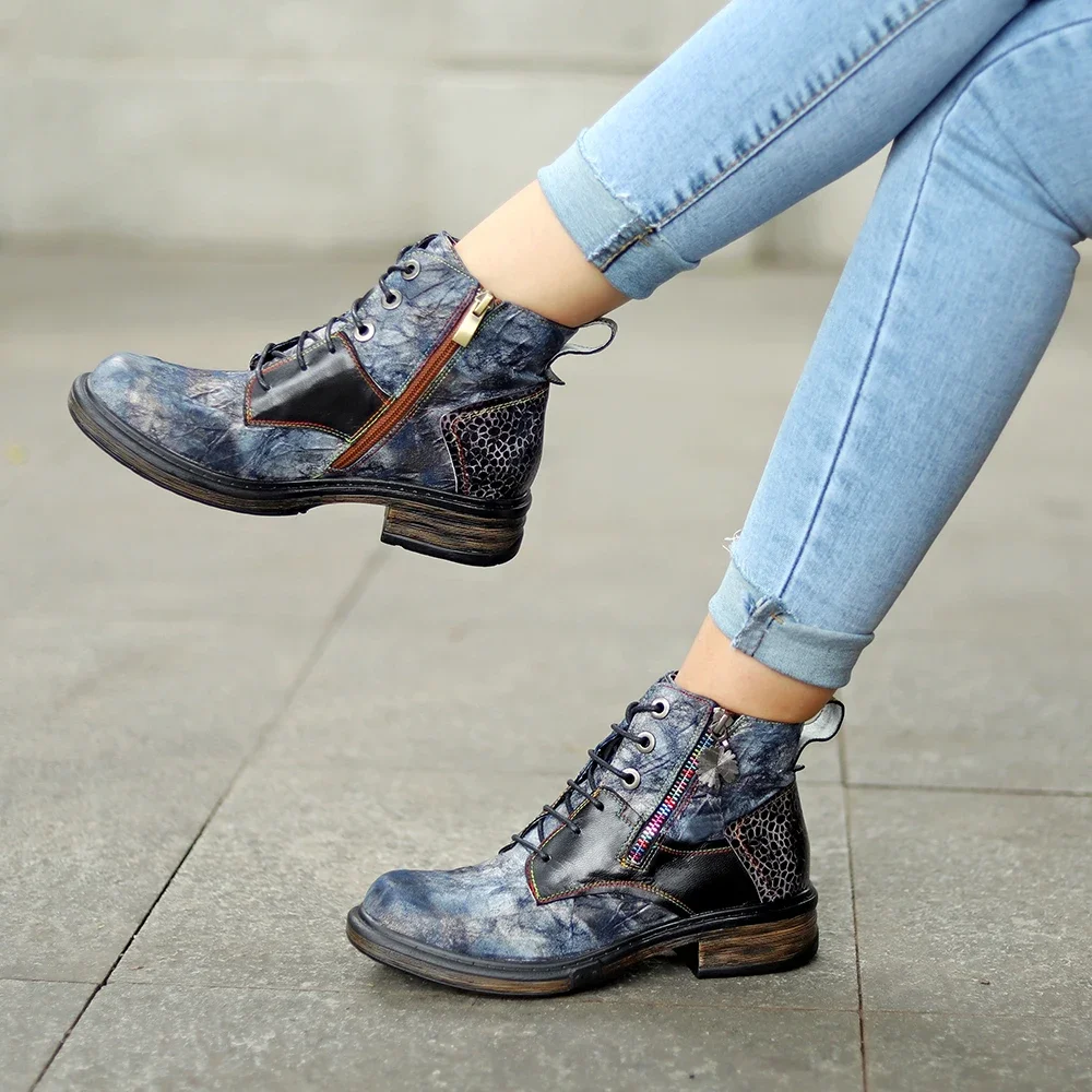 

Genuine Leather Women Ankle Boots Platform Square Heel Mixed Colors Zip Spring Autumn Shoes Woman Casual Footwear Size 42