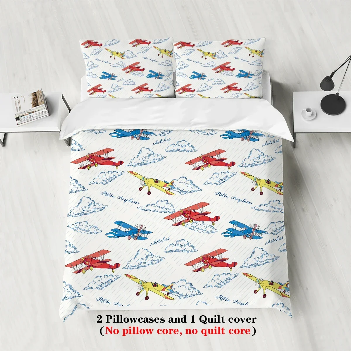 3-Piece Cartoon Airplane Pattern Print Duvet Cover Set with 2 Pillowcases Soft Comfortable Bedding No Core Included