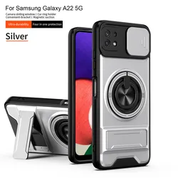 Slide Lens Protector Armor Phone Cover with Magnetic Ring Stand and Enhanced Protection - Galaxy A22 5G (Silver)