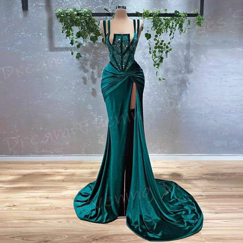 

Popular Dark Green Women's Mermaid Beautiful Evening Dresses Charming Sleeveless Prom Gowns Sexy Split فساتين للمناسبات الرسمية