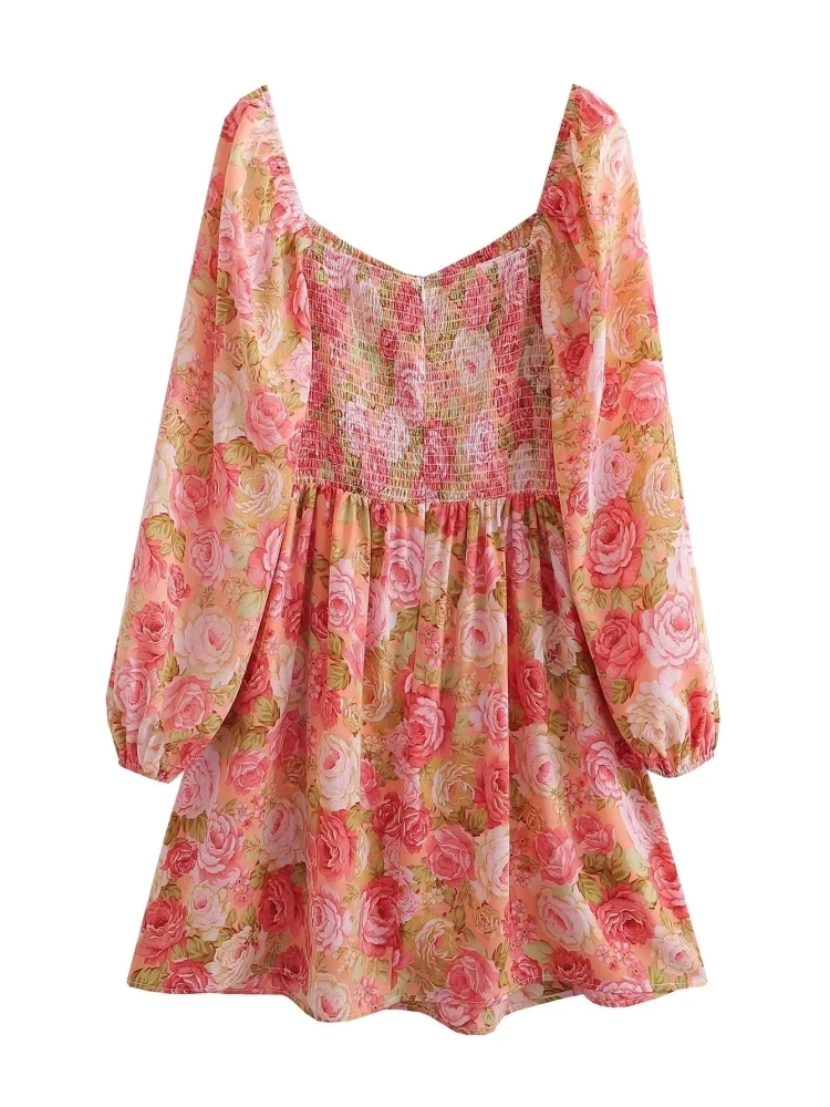 Women’s Pink Floral Print Elastic Waist Long Sleeve Mini Dress