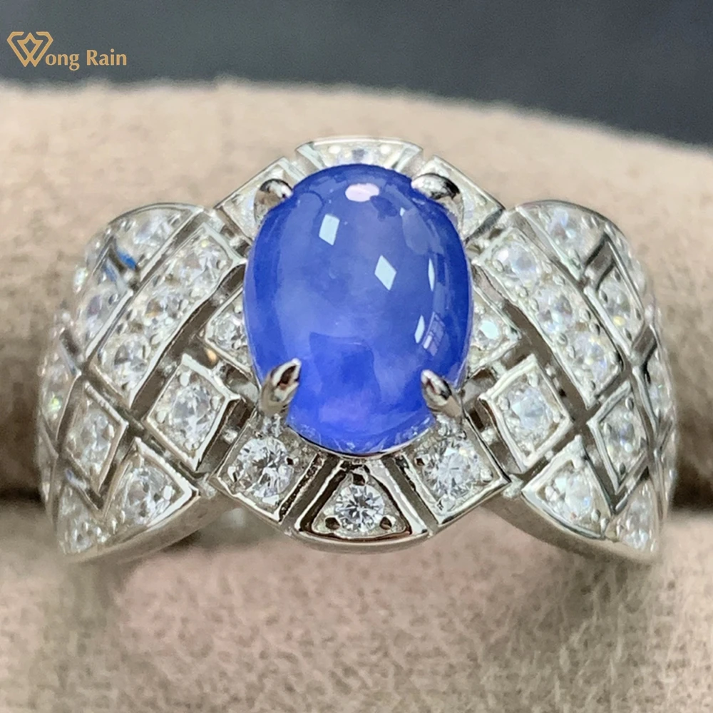 

Wong Rain Luxury 100% 925 Sterling Silver Oval Sapphire High Carbon Diamond Gems Cocktail Party Ring Wedding Engagement Jewelry