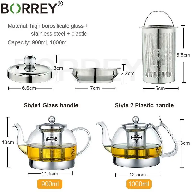 BORREY Induction Cooker Teapot High Borosilicate Heat Resistant Glass  Teapot Gas Stove Teapot Pu'er Flower Kettle Tea Filter Pot