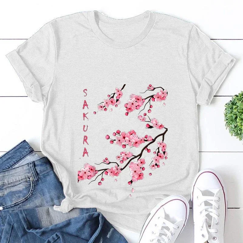 

Graphic Tees for Women Vintage Sakura Cherry Blossom Print Women T-Shirt Tops Summer Shirt Funny Short Sleeve T Shirts Tee Tops