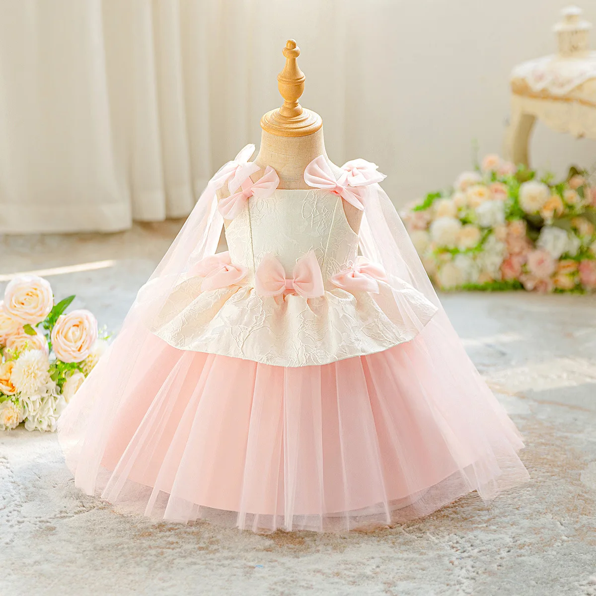 Toddler Girl 1st Birthday Party Gown Baby Girl Stage Performance Costume Summer Little Girl Pink Gown Luxury Photography Sets 2