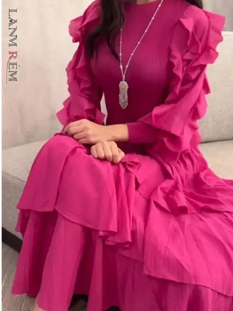 LANMREM Ruffles Pleated Dress Women Long Sleeves Fashion Solid Color High Waist Stitching Dresses Party Clothing New 2DA1713
