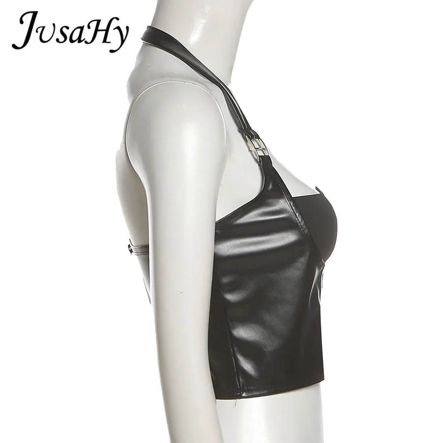 JuSaHy Y2K Patchwork Faux PU Material Crop Top für Frauen Mode Ärmellose Halter Zipper Tops Leibchen Casual Streetwear Neue – Detail 7