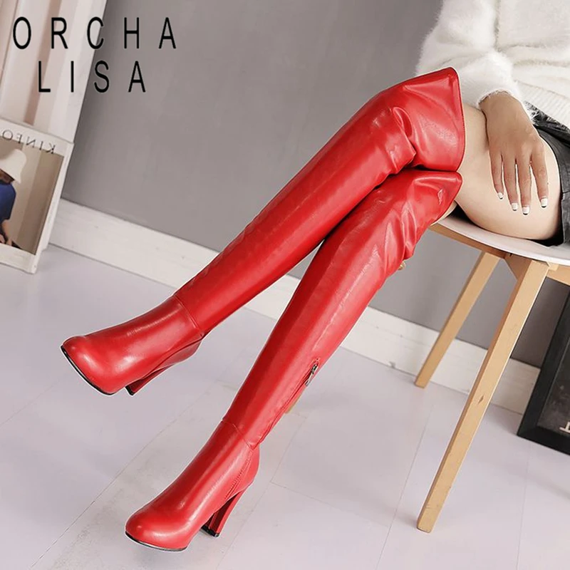 

ORCHA LISA Brand Sex Women Thigh Boots Round Toe Block Heels 9cm Zipper Plus Size 43 Fashion Female Booties Winter Party Shoes