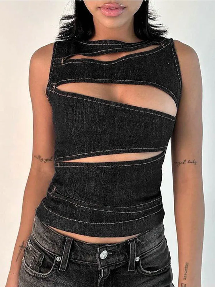 Women's Sleeveless Round Neck Vest Summer Solid Color Hollow Slim Vest Top Fashion Sexy Streetwear Women's Slim Vest Top