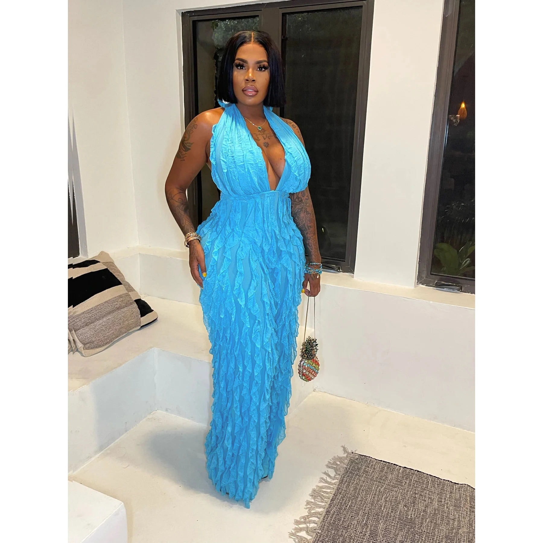 Sexy V Neck Ruffle Jumpsuits One Piece Rompers 2023 Women Summer Elegant Bodycon Wide Leg Halter Jumpsuit Bodysuit Playsuit