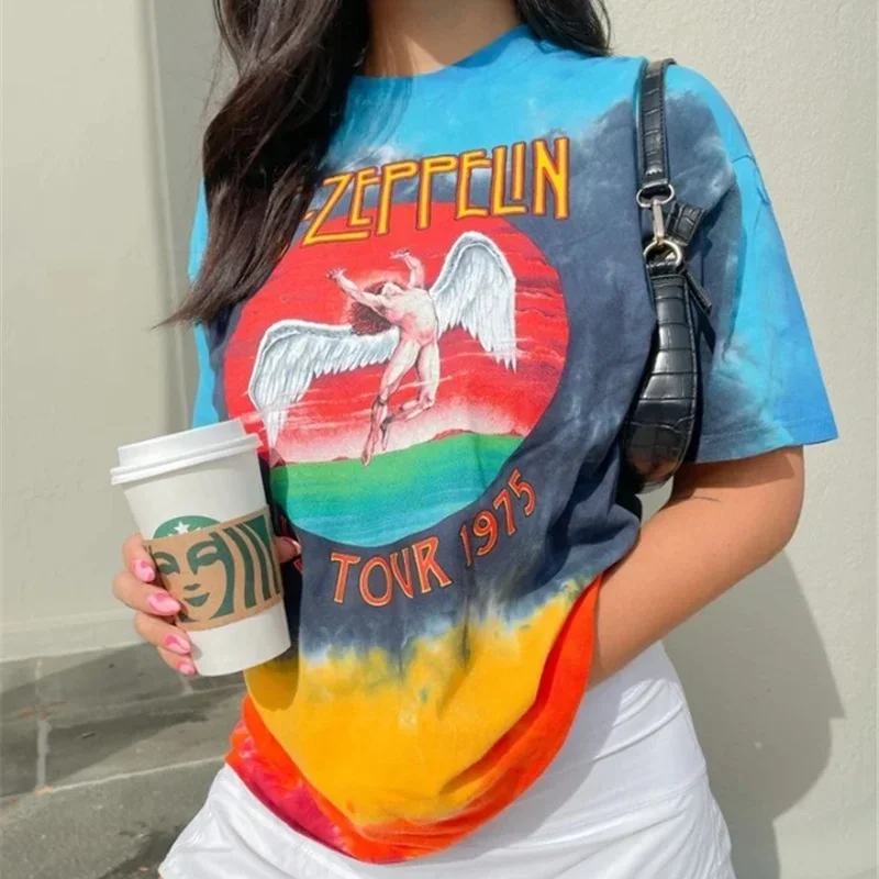 

Tie-dye Angel Print Short Sleeve O-neck Pullover Women Summer Fashion Casual T-shirt Loose Plus Size Tops All-match Commute Tees
