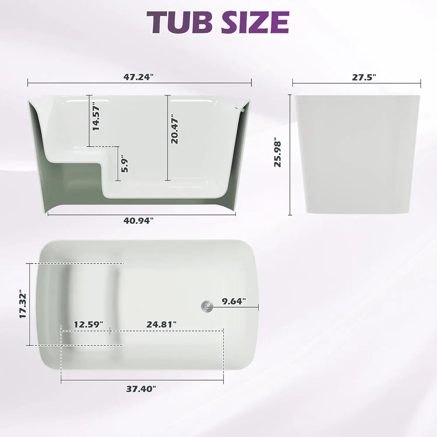 47 inch Lucite Acrylic Freestanding Bathtub Square Shape Soaking Tub with Seat Desgin Toe tap Chrome Right Drain Glossy White 4