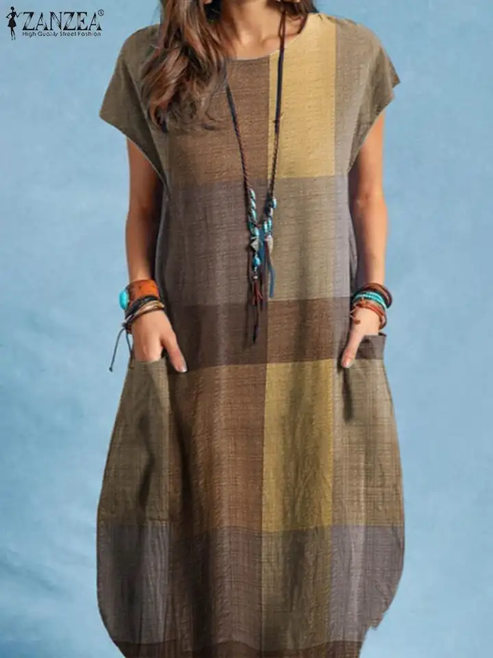 Acquista ZANZEA Abito Lungo Estivo Da Donna, Casual, A Maniche Corte - Foto 4