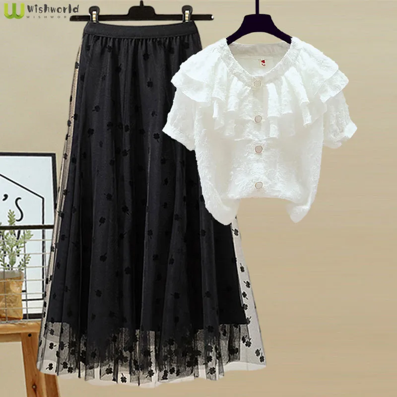 Big Yards in the Summer of 2022 the New Fashion Falbala Ms Han Edition Two-piece Teamed Elegant Chiffon Shirt Skirt Suit