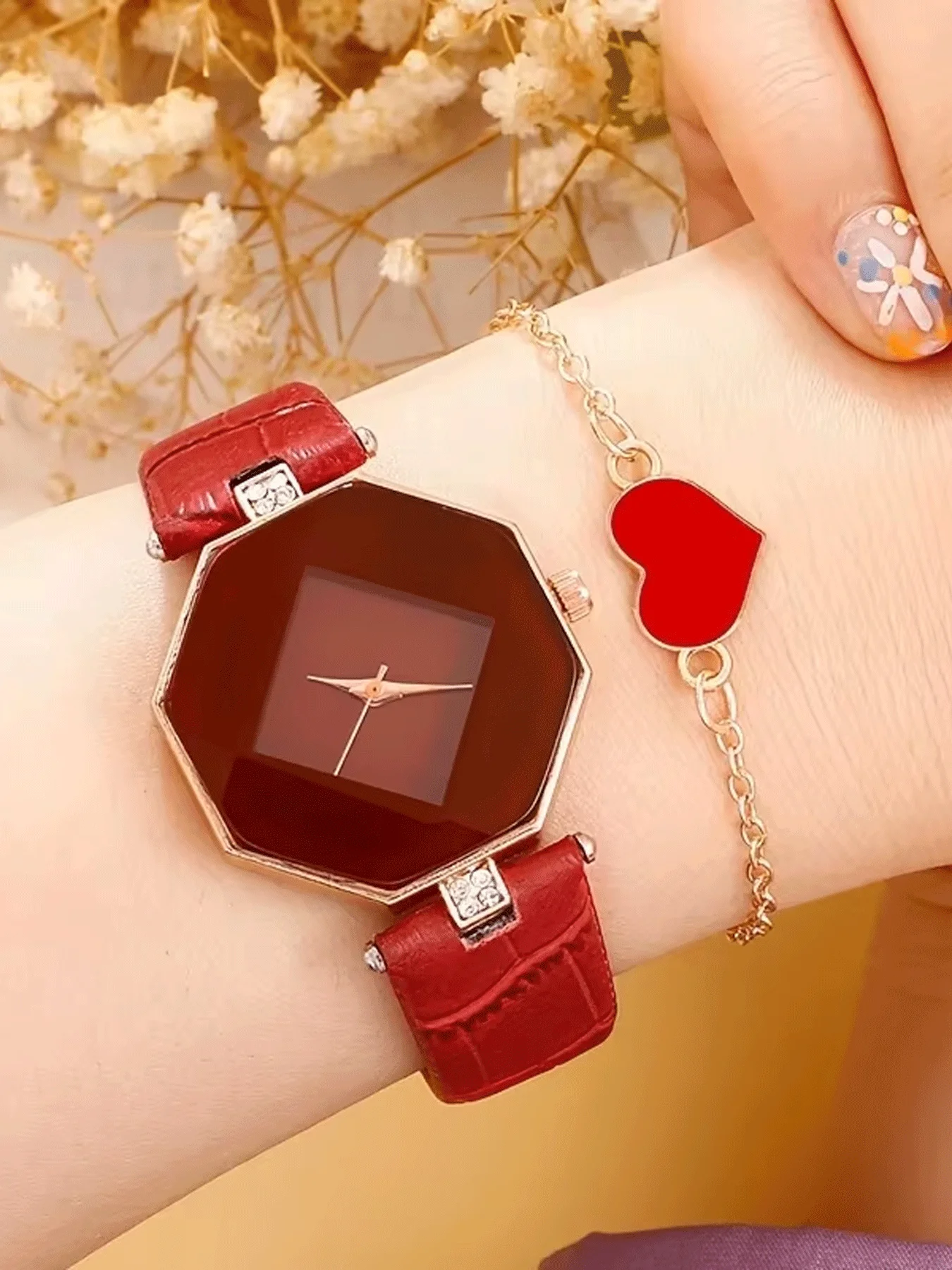 2-piece exquisite women's watch angular diamond mirror fashion watch set