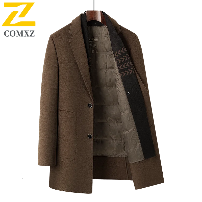 COMXZ High Quality Winter Jacket Hooded Warm Minimalist Ski Padded Jacket 2025 Work Luxury Classic Long Wool Coat Men's Clothing