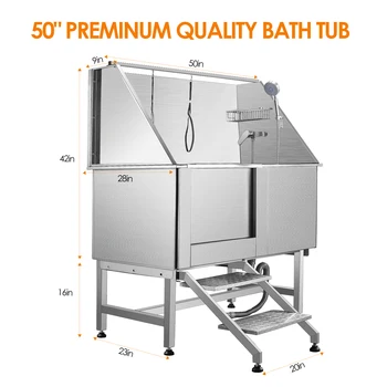 50 Inches Professional Stainless Steel Pet Dog Grooming Bath Tub Station Wash Shower Sink with Faucet Walk in Ramp Accessories 5