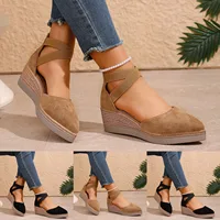 Sandales compensées en daim à bout pointu pour femme, avec semelles épaisses, confortables, à enfiler et à découpes – Offre spéciale 4