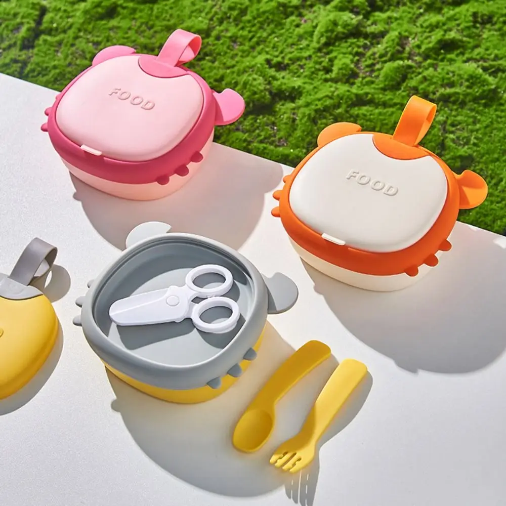 

Eating Training Tools With Spoon&Fork Children's Tableware Set Solid Feeding Baby's Dinner Plate Outdoor Silicone Bowl