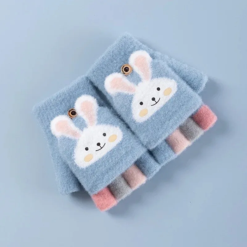 Cartoon Rabbit Five Finger Children's Gloves for Winter Flip Knitted Warmth, Convenient and Practical  Thickenedgo  Out