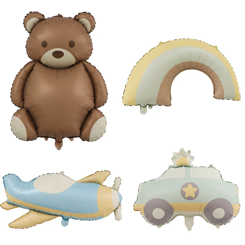 Cute Brown Bear Balloons Kids Birthday Cartoon Car Plane Rainbow Helium Globos Foil Number Balloon Baby Shower Party Decoration
