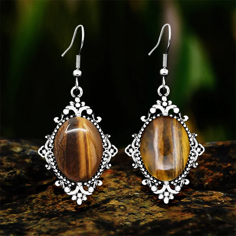 Vintage Flower Pendant Natural Unakite Quartz Women Earrings Antique Silver Plated Natural Stone Stainless Steel Hook Earring pendant earrings flower earrings