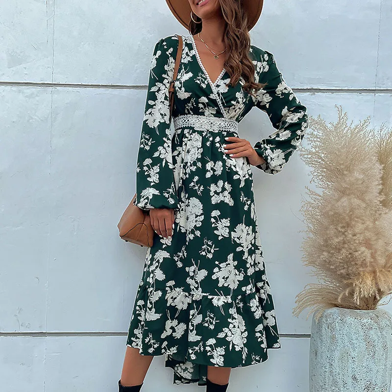 

VOLALO Ruffle Hem Long Sleeve Printed Asymmetrical Dress Vestido Feminino Dresses For Women 2024 Autumn Winter