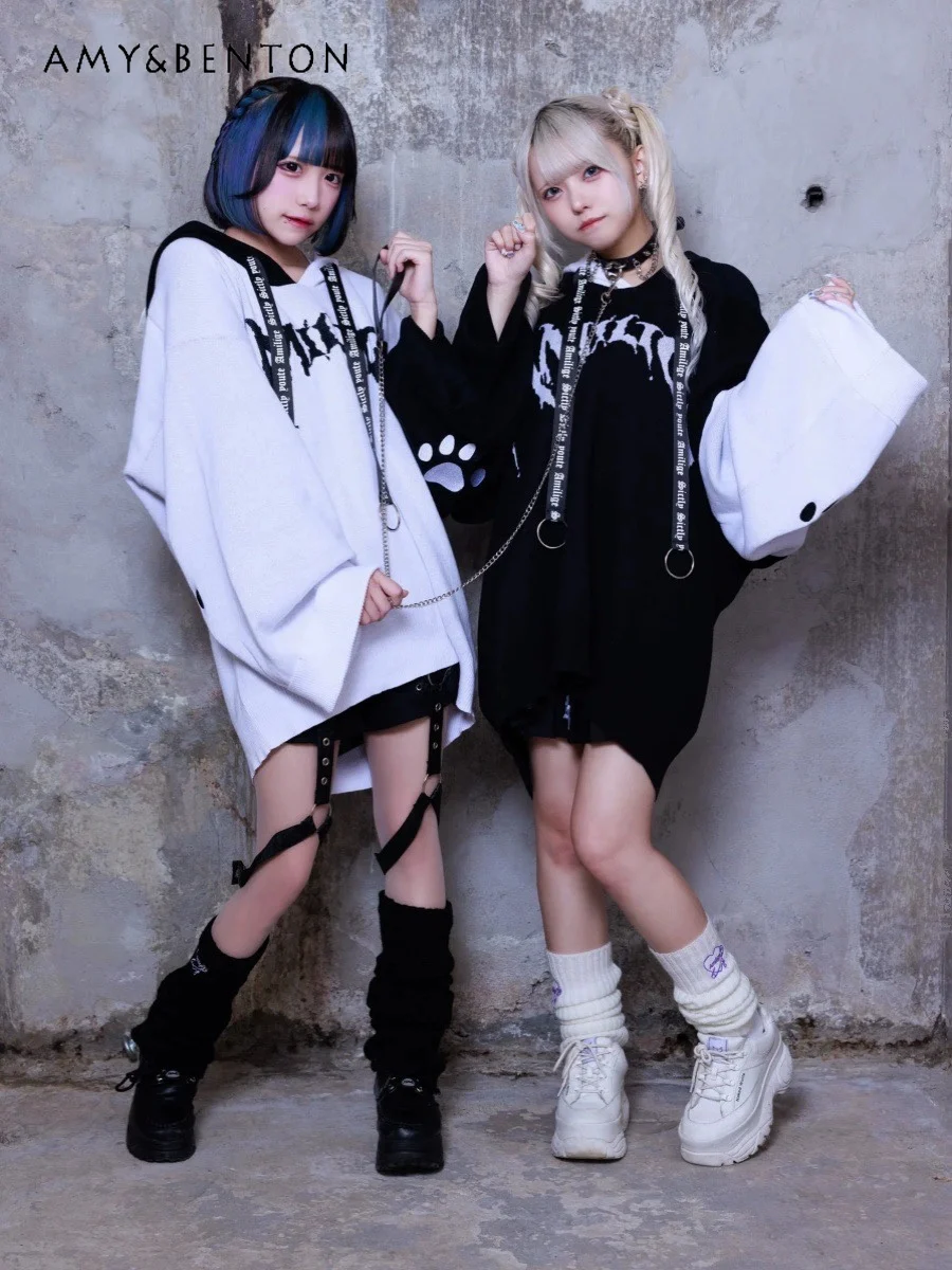 

Japanese Mine Goth Bear Claw Printed Color Stitching Hoodies Women Autumn New Harajuku Oversized Midi Sweatshirt Street Hoodie