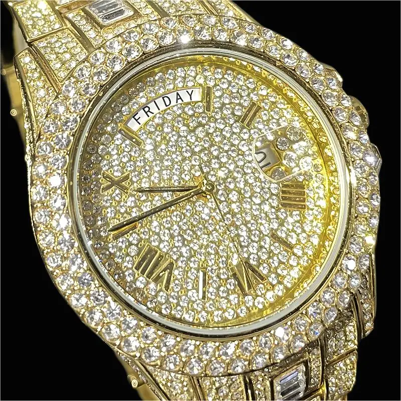MISSFOX Guldklocka för män Mode Hip Hop Iced Diamond Automatisk kalendervecka Vattentät Quartz Armbandsur Man Reloj_voghion.com