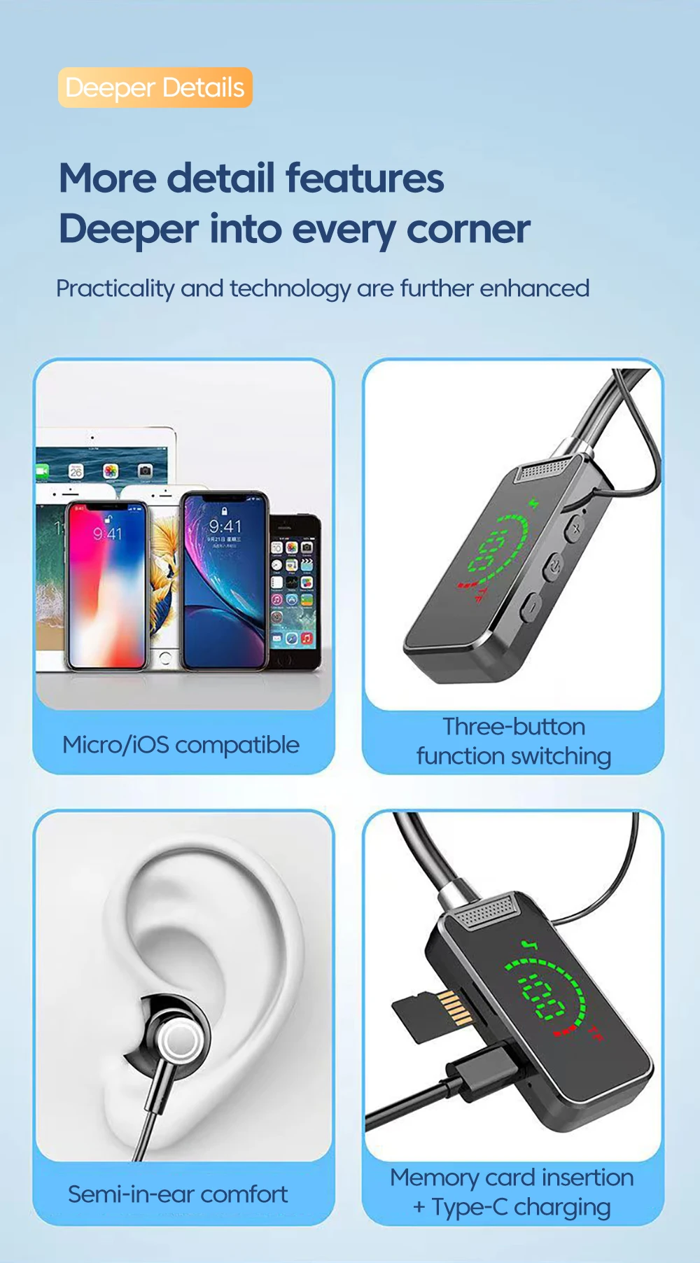 Description Picture 3 of itemWireless Bluetooth 5.3 Headphone Neckband Earphone HIFI In-Ear Long Standby Battery Handfree Headset With Mic Support SD Card
