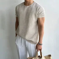 Lightweight Knitted Ice Silk T-Shirt Hollow out Crew Neck Short Sleeve for Men Summer Casual Fashion Cuff Compression Top