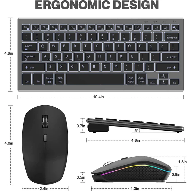 7 Colors Backlit +2.4G Bluetooth Keyboard and Mouse Comb USB Rechargeable Wireless Keyboard Mouse Set for Mac Windows Andriods 6