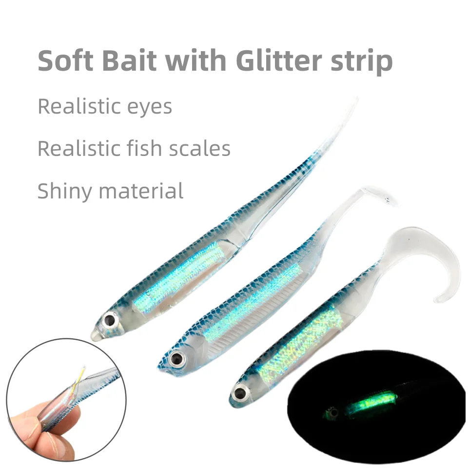

Realistic Rainbow Fish Soft Lure with T/Tail or Curl Tail and Night Glowing Stick,Effective Lure for Bass and Offshore Fishing