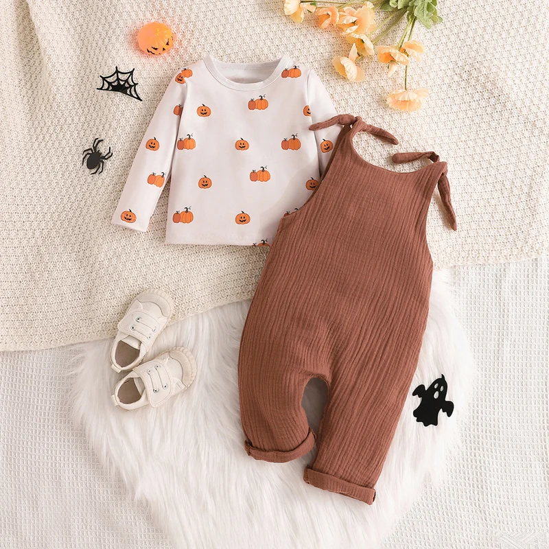 

2024-05-07 Lioraitiin Baby Girl Halloween Outfits Long Sleeve Pumpkin Print Tops + Suspender Pants Set Infant Clothes