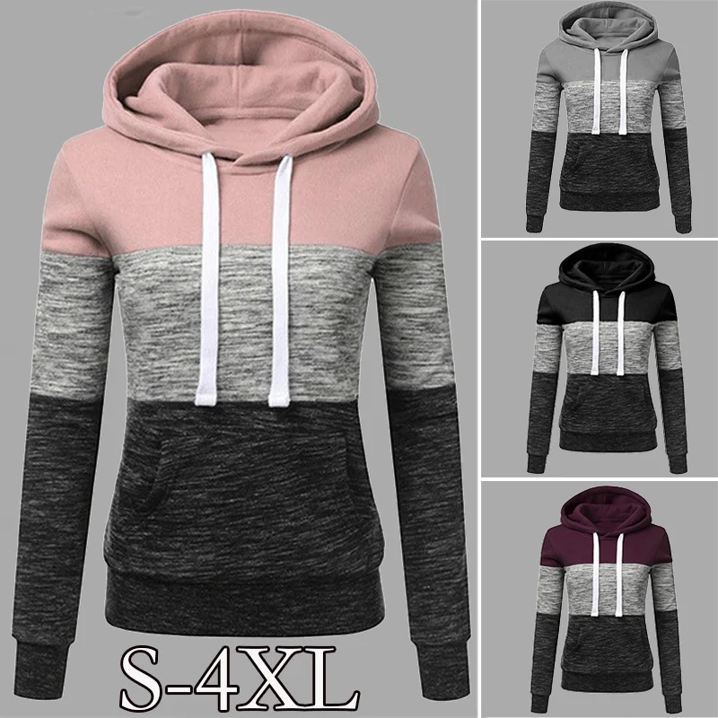 Autumn and Winter Womens Long Sleeve Fleece Pullover Hoodie Sweatshirts Color Stitching Striped Hoodies Tops