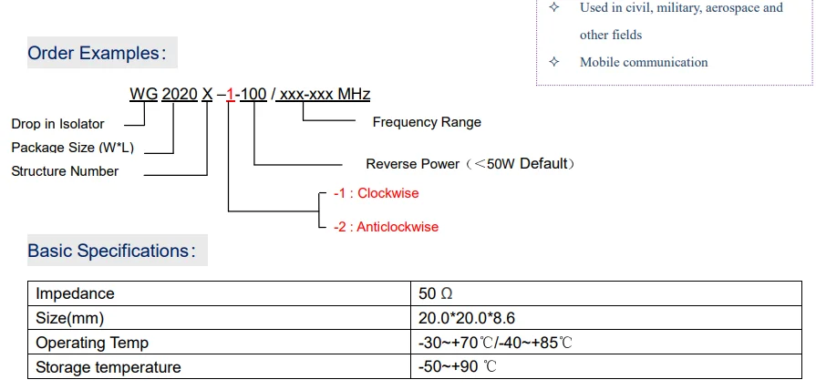 WG2020X Drop-In Type Microwave embedded RF isolator frequency 700 to 4000MHz CW/