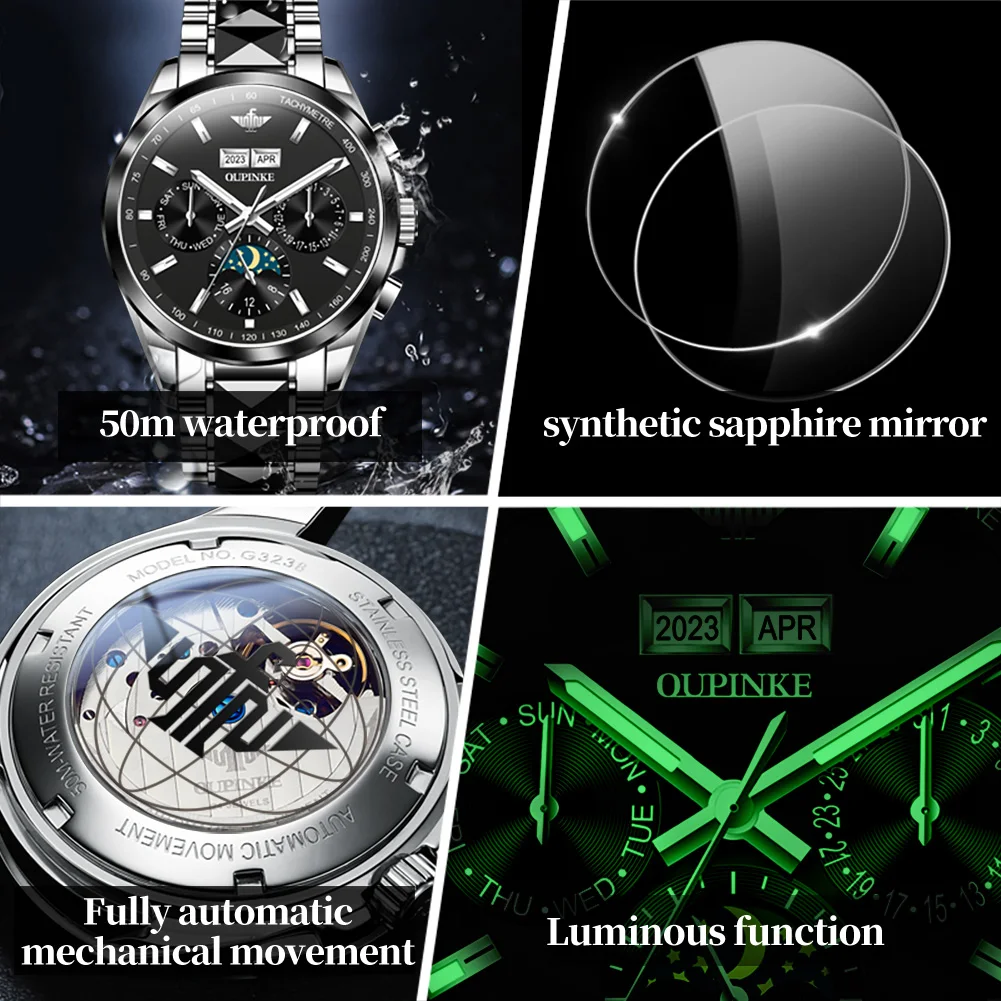 Original Brand OUPINKE Luxury Automatic Watch for Men Waterproof High-quality Mechanical Wristwatch Ceramic Skeleton Watches