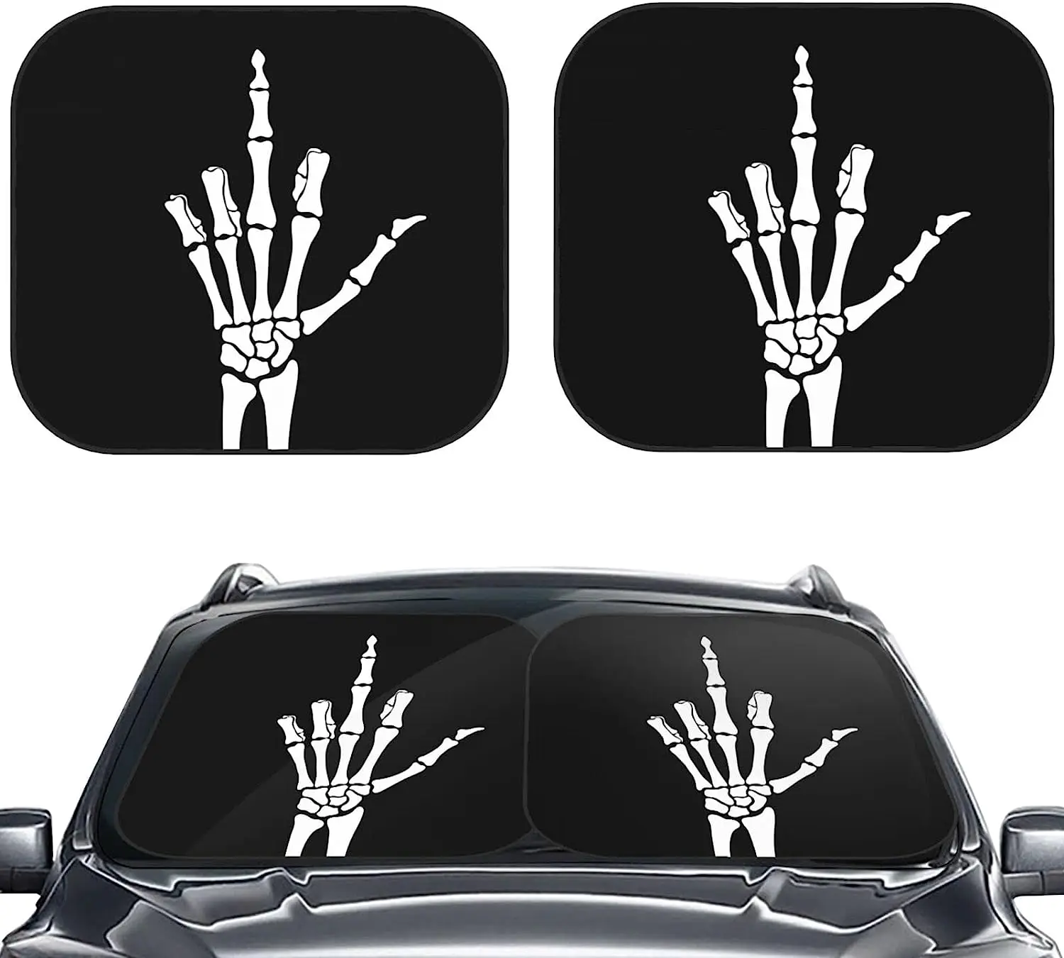 

Fxck Skeleton Shows Middle Finger Car Windshield Sun Shade Auto Foldable 2pcs Window Sunshades for Most Windshield Fodable