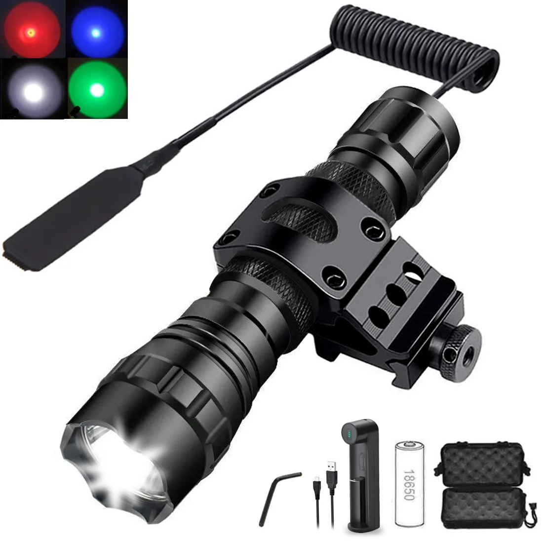 

Tactical Flashlight 501B Outdoor Patrol Strong Light Hunting Flashlight Green/Red/White Torch Gun Light Shooting Scout Light Set