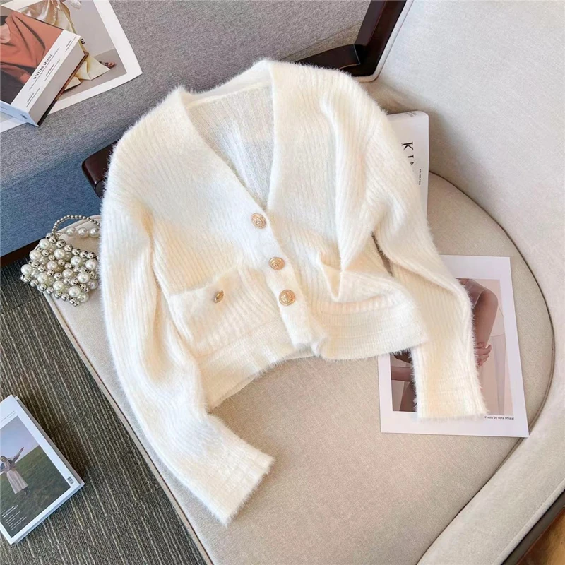 

Faux Mink Cashmere Knitted Sweaters Buttons Cropped Cardigans Casual Women Short V-neck Tops Slim Elegant Hotsweet Autumn O164