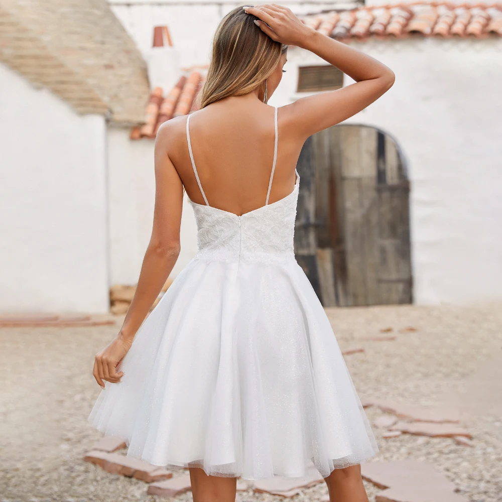 Real Wedding Dress A Line Spaghetti Straps V Neck Applique Glitter Tulle Short Bridal Gown Backless  Dresses for Bride 4