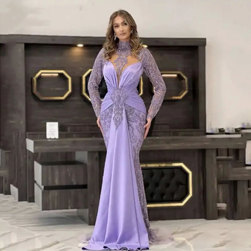 

Aleeshuo Saudi Arabia Mermaid Prom Gowns Lace Appliques Evening Dresses Long Sleeve Pleated Floor-Length Robe de soirée 2024