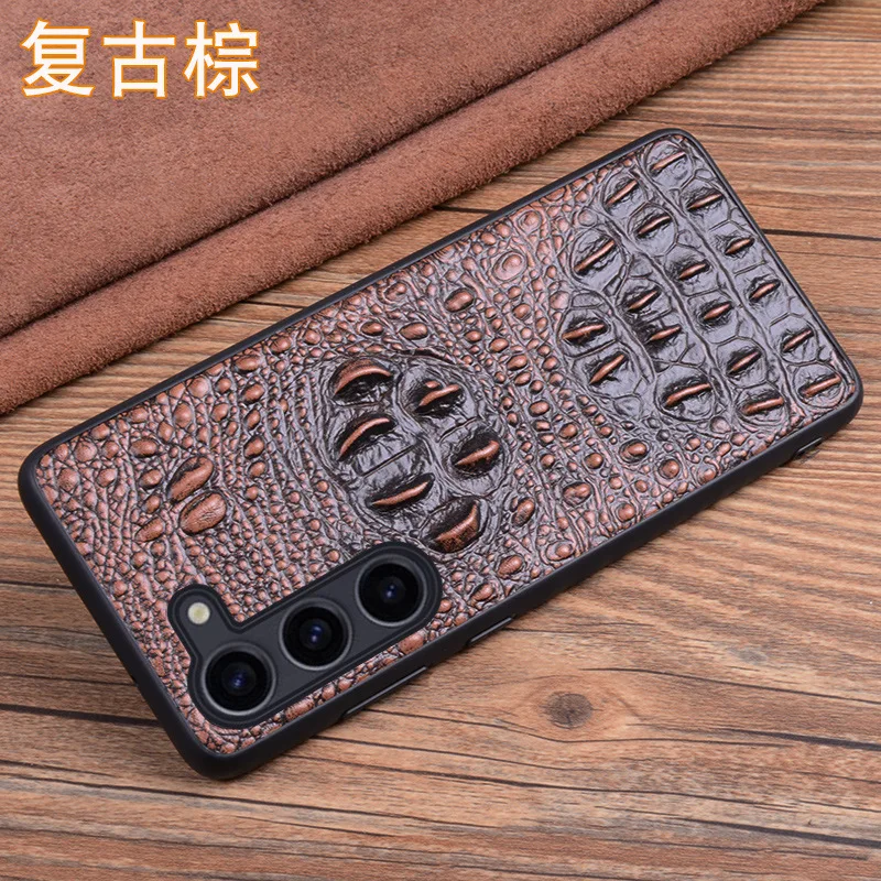 Luxury Genuine Leather Phone Case For Samsung Galaxy S23 Ultra Plus Business 3D Crocodile Skull Head Pattern Full Armor Cover