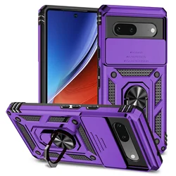 Rugged Sliding Window Shockproof Case with Camera Lens Protection and Ring Holder Cover - Pixel 9 or 9 Pro (Purple)