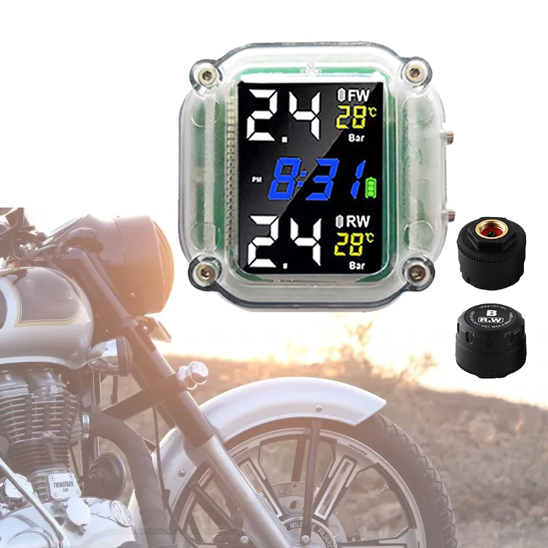 Transparent Motorcycle TPMS Tire Pressure Monitoring System With 2 External Sensors LCD Display