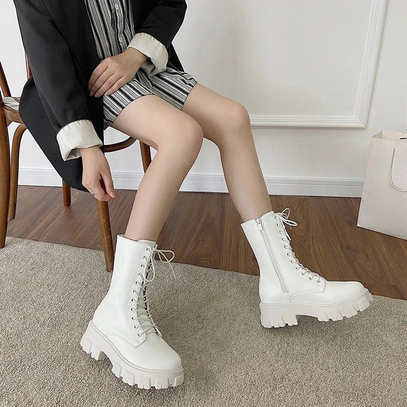 Calzature Stivali Da Donna Stringati A Metà Polpaccio Con Lacci Scarpe Da Donna Piattaforma Mezzo Alto New Rock Biker A Gyaru Primavera 2023 Gothic